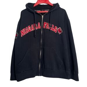 Niagra Falls Zip Front Hoodie Sweatshirt Size Large Black Red Patch Letters